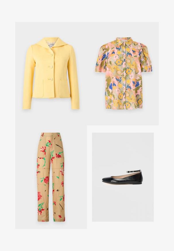 Veste jaune sur mesure avec col large, trois boutons embossés d'ancres et deux poches avant, présentée sur un fond uni.; Blouse à manches courtes boutonnée à imprimé floral jaune, bleu, rose et vert, avec un col pointu.; Pantalons à motif floral avec un fond beige, ornés de fleurs rouges et vertes et d'accents noirs. Design ample avec des poches latérales.; Ballerines noires en cuir avec un bout rond, une bride à la cheville et un petit talon. Texture lisse et design minimaliste.