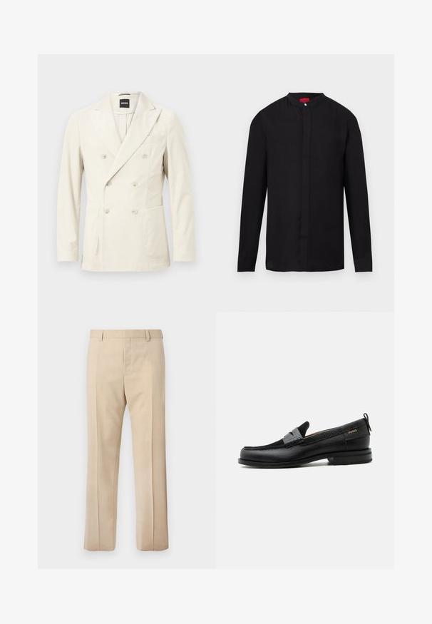 Blazer croisé en velours côtelé crème avec revers crantés, six boutons, poches plaquées avant et poche poitrine passepoilée par BOSS.; Chemise noire à manches longues avec col mandarin et patte de boutonnage dissimulée, présentée sur fond blanc.; Pantalon beige sur mesure avec passants pour ceinture, pli devant et fermeture éclair dissimulée, présenté sur un fond uni.; Mocassin en cuir noir avec détail de bride grise, talon bas et semelle texturée, marqué "HUGO" en or sur le côté.