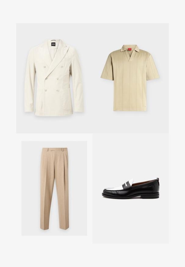 Blazer croisé en velours côtelé crème avec revers crantés, six boutons, poches plaquées avant et poche poitrine passepoilée par BOSS.; Polo beige à manches courtes, col en V, col souple, coutures verticales subtiles et une étiquette intérieure rouge marquée "HUGO".; Pantalon beige sur mesure avec plis sur le devant, passants de ceinture et jambes droites, présenté sur un fond clair et uni.; Mocassin en cuir noir et blanc avec des détails cousus, un petit talon et un design slip-on, présenté de profil sur un fond uni.