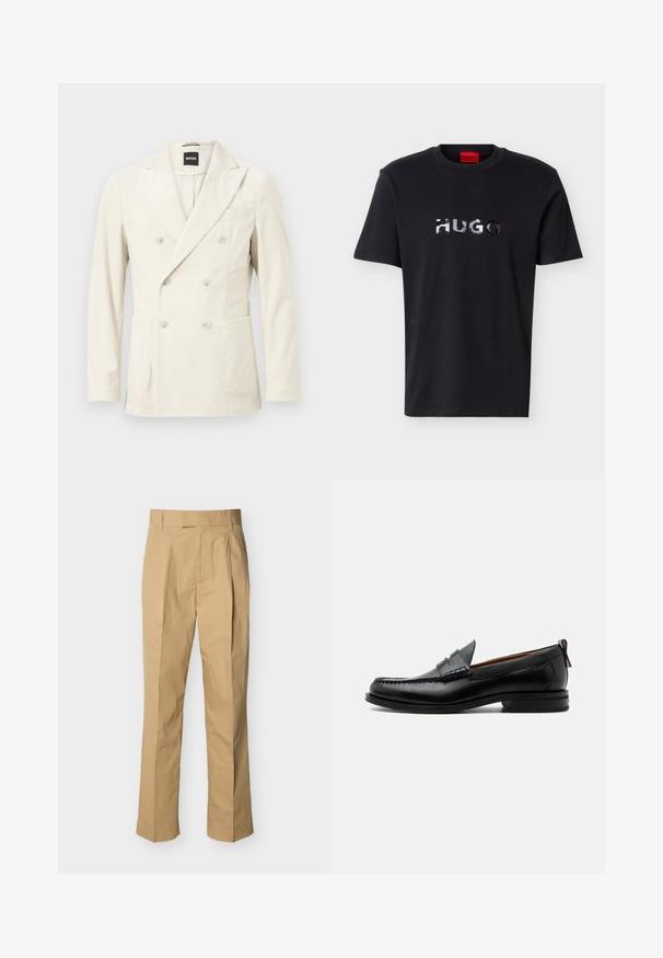 Blazer croisé en velours côtelé crème avec revers crantés, six boutons, poches plaquées avant et poche poitrine passepoilée par BOSS.; T-shirt noir à manches courtes et col rond avec un logo "HUGO" argenté brillant centré sur la poitrine et une étiquette rouge à l'intérieur du col.; Pantalon beige en coton lisse à taille haute, avec des plis à l'avant et des jambes droites. Aucun équipement visible ni motifs.; Mocassin homme en cuir noir avec couture moc toe, bride penny, col texturé et petit talon empilé sur fond blanc.