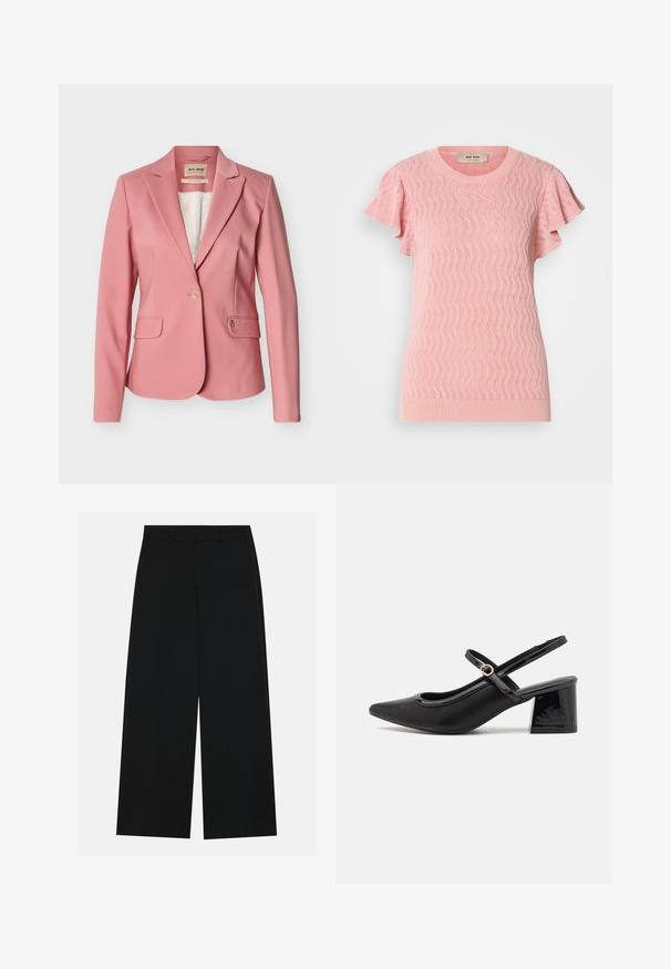 Veste rose pour femmes, cintrée, avec revers crantés, fermeture par un seul bouton, poches à rabat et doublure intérieure blanche à motifs.; Pull en tricot rose à manches courtes avec un motif de vagues texturé, un col rond côtelé et des accents de manches volantées. Léger et ajusté.; Pantalons noirs à jambe large en tissu lisse. Dotés d'une taille plate avec passants de ceinture et sans poches visibles. Design simple.; Escarpins slingback en cuir verni noir avec un embout pointu, un design à découpes arrondies et un talon carré. Présente un accent de boucle en ton doré.