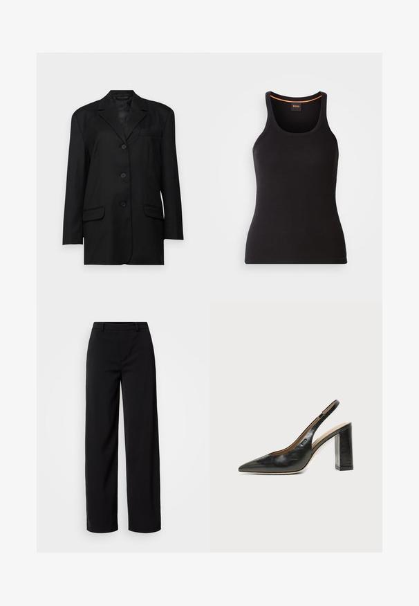 Blazer noir avec un col cranté, fermeture à un bouton sur le devant, deux poches avant et une poche poitrine ; fabriqué en tissu lisse avec une coupe structurée.; Débardeur noir côtelé avec un col rond. Présente une coupe ajustée et un accent orange au niveau du col. Logo de la marque discrètement brodé à l'avant.; Pantalons larges noirs en tissu lisse, dotés d'une taille classique et d'une silhouette ajustée avec des poches avant.; Chaussure slingback en cuir noir à bout pointu avec un talon bloc haut et une doublure intérieure beige sur un fond clair uni.
