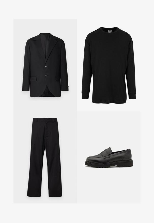 Sort blazer med en notch lapel, dobbel knaplukning, to frontlommer og en enkelt brystlomme. Glat stof og skræddersyet pasform.; Sort langærmet T-shirt lavet af bomuld, med rund halsudskæring og ribbede manchetter. Glat tekstur, enkelt design uden mønstre.; Sorte bukser med lige ben, knap- og lynlåslukning, bæltestropper, lagt fladt på en lys baggrund.; Sort læder loafersko med rund tå, syningsdetaljer og en tyk, struktureret sål. Har et elegant, minimalistisk design.