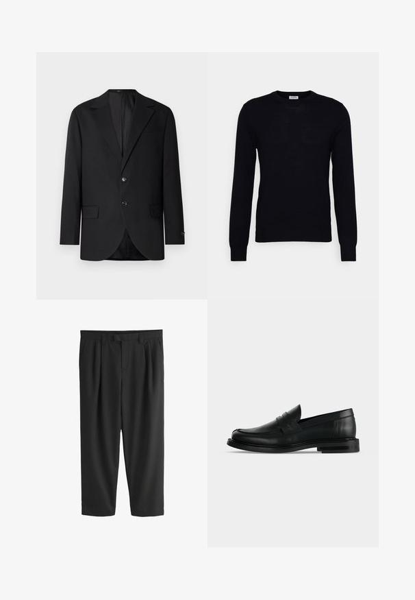 Blazer noir avec un col cranté, fermeture à deux boutons, deux poches avant et une poche poitrine. Tissu lisse et coupe ajustée.; Pull noir à manches longues en tricot doux. Encolure ronde, poignets et ourlet côtelés. Design minimaliste sans motifs ni boutons visibles.; Pantalon noir sur mesure avec passants de ceinture, plis sur le devant, poches latérales et coupe à jambes droites.; Mocassin penny pour homme en cuir noir avec talon bas empilé et bout arrondi, vu de profil sur fond gris clair.