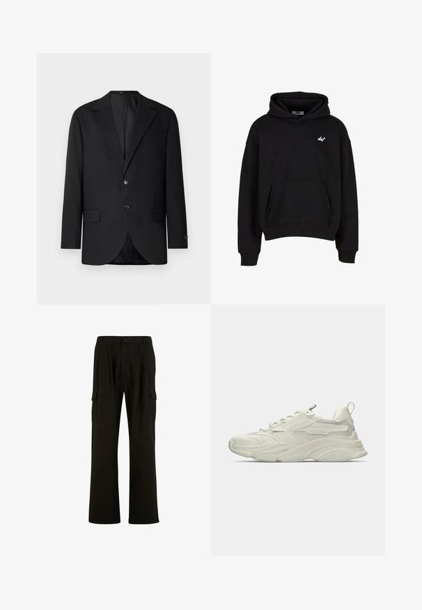 Blazer noir avec un col cranté, fermeture à deux boutons, deux poches avant et une poche poitrine. Tissu lisse et coupe ajustée.; Sweat-shirt à capuche noire fabriqué à partir d'un tissu doux, doté d'une poche avant et d'un petit logo "def" blanc sur la poitrine gauche.; Urban Classics WIDE - Pantalon cargo - black; Baskets blanches épaisses avec accents en mesh, semelle en caoutchouc texturée et forme arrondie. Présente un marquage minimal et une languette de tirage à l'arrière.