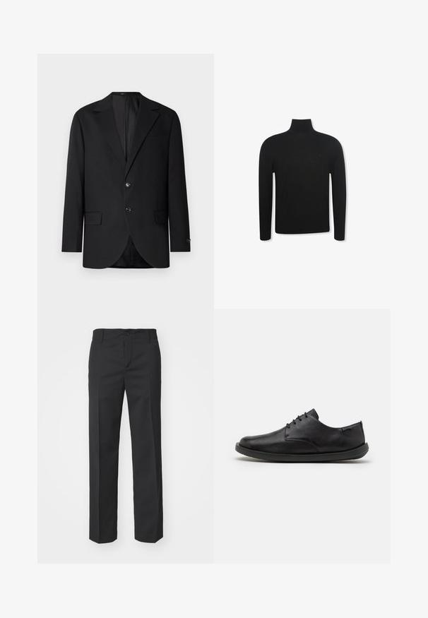 Sort blazer med en notch lapel, dobbel knaplukning, to frontlommer og en enkelt brystlomme. Glat stof og skræddersyet pasform.; Sort langærmet rullekravebluse med slank pasform og diskret logo på venstre brystområde, vist på hvid baggrund.; Filippa K TROY TROUSERS - Bukser - black; Sorte læder sko med en glat overflade, rund tå og minimal snøring. Har en flad gummisål og diskret branding på siden.