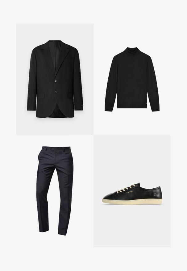 Blazer noir avec un col cranté, fermeture à deux boutons, deux poches avant et une poche poitrine. Tissu lisse et coupe ajustée.; Pull à col roulé noir en matériau doux, avec des manches longues et un col ajusté. Design minimaliste sans motifs visibles.; Next SUIT TROUSERS SLIM FIT - Pantalon classique - blue; Baskets basses en cuir noir avec semelle crème et lacets, logo doré "Paul Smith" sur le côté, et symbole embossé près du talon.