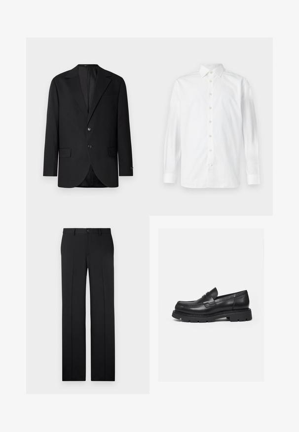 Sort blazer med en notch lapel, dobbel knaplukning, to frontlommer og en enkelt brystlomme. Glat stof og skræddersyet pasform.; Hvid langærmet skjorte med knapper, spredekrave og knapmanchetter, vist på en ensfarvet hvid baggrund.; Sorte, skræddersyede bukser med lige ben, glat stof, pressefolder foran og en enkelt knaplukning i taljen.; Sort læderloafer med tyk rillede sål og penny-remdetalje, vist i højre sideprofil på hvid baggrund.