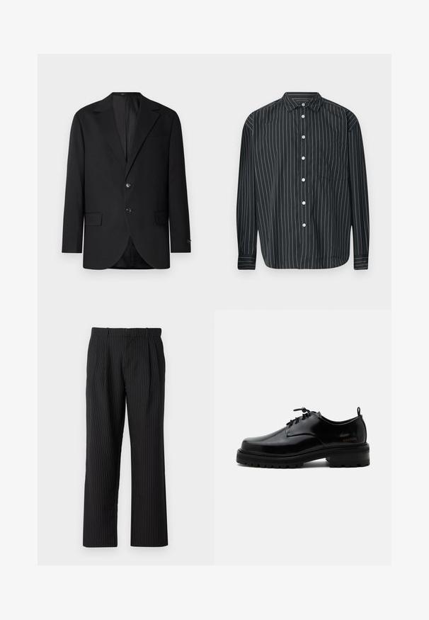 Blazer noir avec un col cranté, fermeture à deux boutons, deux poches avant et une poche poitrine. Tissu lisse et coupe ajustée.; Chemise noire à manches longues avec des rayures verticales blanches fines, une poche poitrine unique, un tissu lisse et un col classique.; Jack & Jones Classic Wide Leg Fit - Pantalon classique - black; Chaussure en cuir noir poli à lacets, semelle en caoutchouc épaisse et talon bas, texte de marque "SAMSOE" sur le côté et languette arrière.