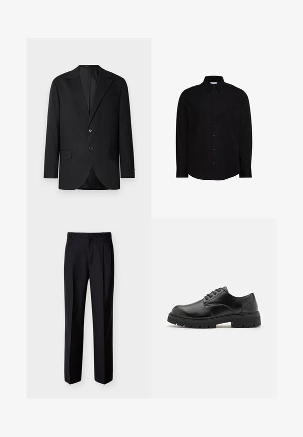 Blazer noir avec un col cranté, fermeture à deux boutons, deux poches avant et une poche poitrine. Tissu lisse et coupe ajustée.; Chemise noire à manches longues avec boutons, fabriquée en tissu lisse. Elle présente un col classique, une patte de boutonnage à l'avant, et un petit logo sur la poitrine.; Pantalon noir ajusté à coupe droite, avec un devant plissé et des poches latérales. Confectionné dans un tissu lisse et léger à motif uni.; Chaussures en cuir noir avec un bout rond, un laçage et une semelle en caoutchouc épaisse et texturée. Présente des coutures le long du bord et une finition lisse.