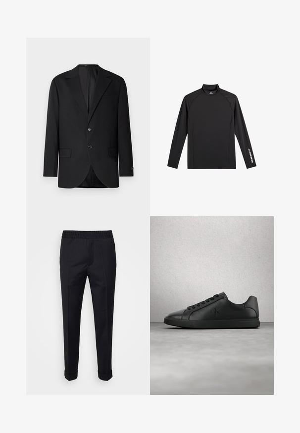 Blazer noir avec un col cranté, fermeture à deux boutons, deux poches avant et une poche poitrine. Tissu lisse et coupe ajustée.; Haut de sport noir à manches longues avec col montant, coupe ajustée, et logo blanc "J.Lindeberg" sur la manche gauche et le col.; Pantalon noir en tissu léger, avec une taille élastique, des poches latérales et des poignets roulés. Texture lisse avec des plis à l'avant.; Baskets en cuir noir avec lacets et logo "ck" en relief flottant au-dessus d'un sol gris près d'un mur en verre brique.