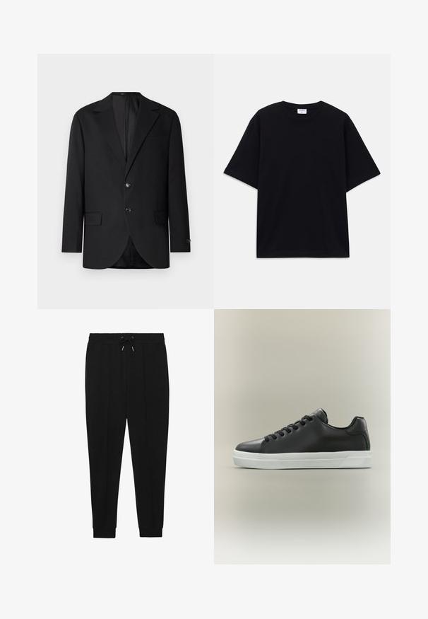Sort blazer med en notch lapel, dobbel knaplukning, to frontlommer og en enkelt brystlomme. Glat stof og skræddersyet pasform.; Sort oversized T-shirt med korte ærmer og rund halsudskæring, med synlig Filippa K mærke indeni kraven.; Sorte træningsbukser med snøre i taljen, tapered ben og ribbede manchetter. Fremstillet af et blødt stof med en glat tekstur.; Sort lavtop sneakers i læder med sorte snørebånd og hvid gummisål på neutral baggrund, sidevisning.