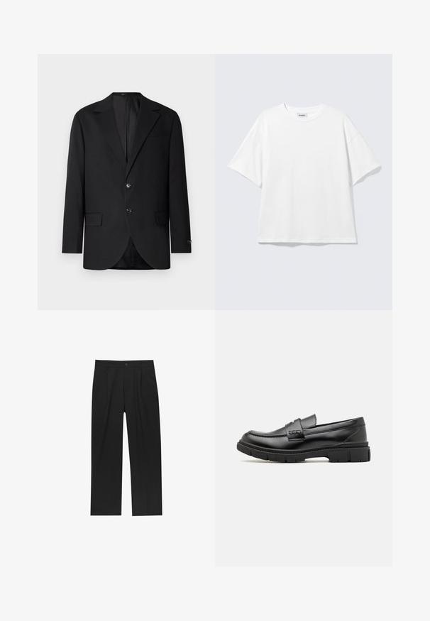 Sort blazer med en notch lapel, dobbel knaplukning, to frontlommer og en enkelt brystlomme. Glat stof og skræddersyet pasform.; Hvid oversized t-shirt med korte ærmer og rund halsudskæring med sænkede skuldre, fladt lagt på lys grå baggrund.; Sorte bukser med lige ben, lavet af et glat stof. Har frontfolder og en enkelt knaplukning i taljen.; Sort læder loafersko med en bred rem over forfoden, gummisål med tykke mønstre og glat overflade. Klassisk, slankt design.