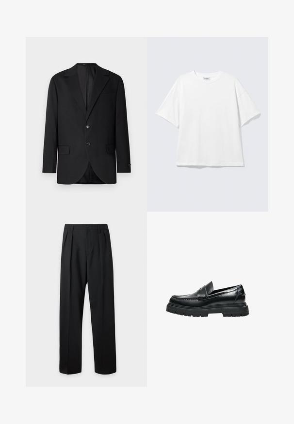 Blazer noir avec un col cranté, fermeture à deux boutons, deux poches avant et une poche poitrine. Tissu lisse et coupe ajustée.; T-shirt blanc oversize à manches courtes, col rond, épaules tombantes, posé à plat sur fond gris clair.; Pantalon noir taille haute, sur-mesure, avec passants pour ceinture, plis sur le devant, fermeture par bouton et jambes droites larges sur fond clair.; Mocassin en cuir noir avec semelle épaisse à crampons et détail de bride penny, vu de profil sur fond blanc.
