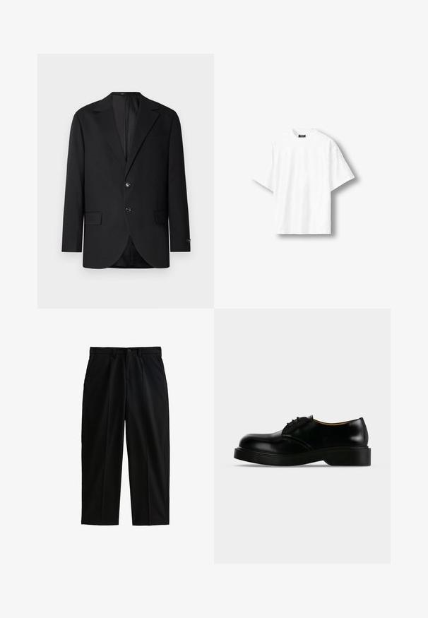 Blazer noir avec un col cranté, fermeture à deux boutons, deux poches avant et une poche poitrine. Tissu lisse et coupe ajustée.; T-shirt blanc uni à manches courtes, coupe ample, col rond et étiquette noire à l'intérieur du col arrière, présenté sur un fond clair.; Pantalon noir en tissu lisse, avec une coupe droite, des poches avant et une fermeture par bouton. Texture résistante aux plis.; Chaussure de ville noire en cuir poli à lacets, avec une semelle épaisse, un bout arrondi et un petit talon, montrée de profil sur un fond uni.