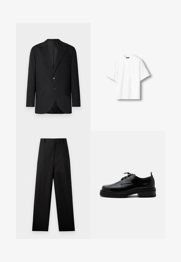 Blazer noir avec un col cranté, fermeture à deux boutons, deux poches avant et une poche poitrine. Tissu lisse et coupe ajustée.; T-shirt blanc uni à manches courtes, coupe ample, col rond et étiquette noire à l'intérieur du col arrière, présenté sur un fond clair.; Pantalons noirs en coton avec une coupe droite, dotés d'une fermeture à bouton à l'avant et de poches latérales. Texture lisse, sans motifs.; Chaussure en cuir noir poli à lacets, semelle en caoutchouc épaisse et talon bas, texte de marque "SAMSOE" sur le côté et languette arrière.