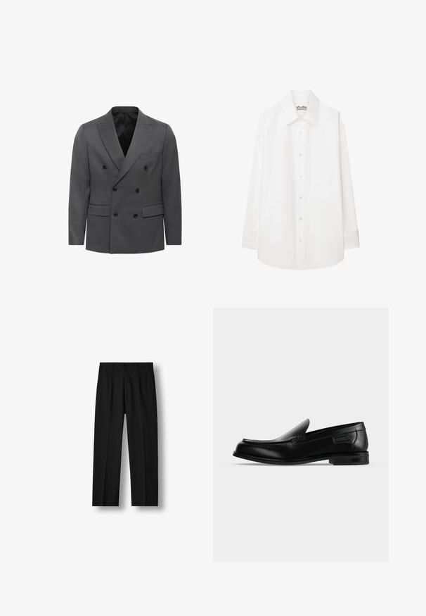 Grau gestreifter Doppelreiher-Blazer im Fischgrätenmuster, mit geknackten Revers, zwei Fronttaschen und schwarzen Knopfdetails. Fütterung im Inneren.; Weißes Hemd mit langen Ärmeln, Knopfleiste, spitzem Kragen, geknöpften Manschetten und einem Markenetikett im inneren Kragen mit der Aufschrift "studio seidensticker."; Schwarze gerade geschnittene Hose mit vorderen Falten, knöpfbarem Bund und Seitentaschen vor einem weißen Hintergrund.; Schwarzer Leder-Slipper mit niedrigem Absatz, abgerundeter Spitze und dekorativer Naht entlang der oberen Kante.
