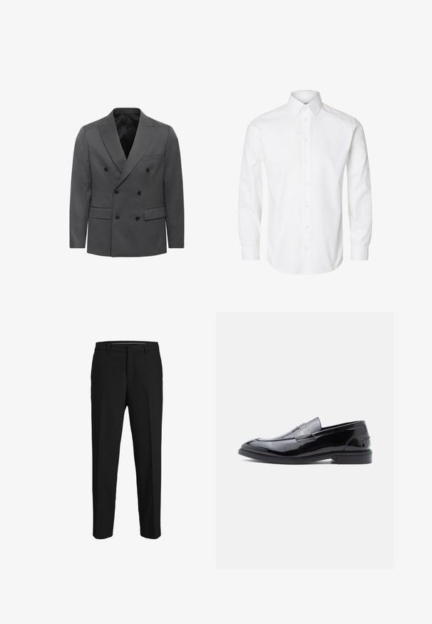 Grau gestreifter Doppelreiher-Blazer im Fischgrätenmuster, mit geknackten Revers, zwei Fronttaschen und schwarzen Knopfdetails. Fütterung im Inneren.; Weißes langärmeliges Hemd mit spitzem Kragen, sichtbaren Knöpfen auf der Vorderseite und geknöpften Manschetten.; Schwarze Hose aus glattem Material, mit geradem Schnitt, Gürtelschlaufen und flachem Vorderteil ohne sichtbare Muster oder Verzierungen.; Schwarze Loafer aus Lackleder mit glatter Oberfläche, abgerundetem Zehenbereich und dekorativem Riemendetail, mit flachem Profil und Gummisohle.