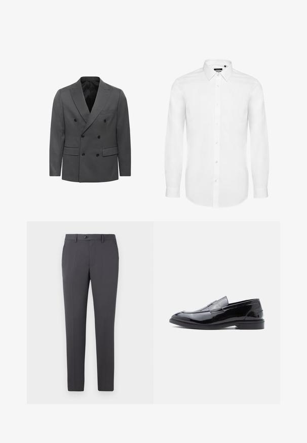 Grau gestreifter Doppelreiher-Blazer im Fischgrätenmuster, mit geknackten Revers, zwei Fronttaschen und schwarzen Knopfdetails. Fütterung im Inneren.; Weißes Langarmhemd aus gewebtem Stoff, mit Button-Down-Kragen, durchgehender Knopfleiste und geknöpften Ärmeln. Minimalistisches Design.; Graue Hose aus glattem Stoff mit geradem Schnitt, Knopfverschluss, Gürtelschlaufen und Seitentaschen. Schlichtes und funktionales Design.; Schwarze Loafer aus Lackleder mit glatter Oberfläche, abgerundetem Zehenbereich und dekorativem Riemendetail, mit flachem Profil und Gummisohle.