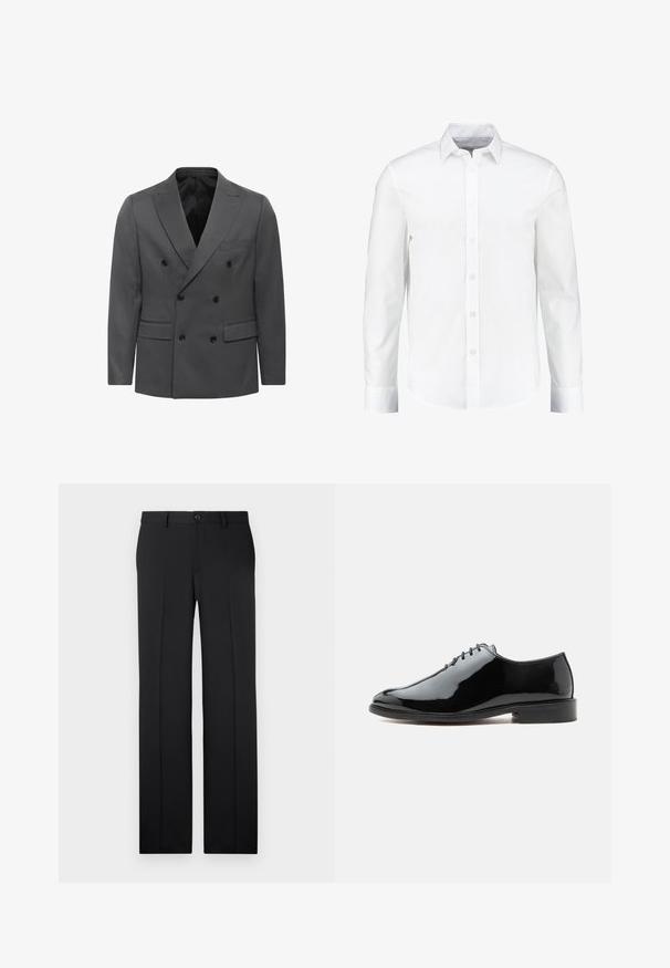 Grau gestreifter Doppelreiher-Blazer im Fischgrätenmuster, mit geknackten Revers, zwei Fronttaschen und schwarzen Knopfdetails. Fütterung im Inneren.; Weißes langärmliges Hemd mit Knöpfen aus glattem Baumwollstoff. Verfügt über einen klassischen Kragen und eine durchgehende Knopfleiste mit geradem Saum.; Schwarze, maßgeschneiderte Hose mit geradem Bein, glattem Stoff, vorderen Falten und einem einzelnen Knopfverschluss an der Taille.; Schwarzer glänzender Lederschuh mit geschlossener Schnürung, niedrigem Absatz und glatter, abgerundeter Spitze, von der Außenseite auf neutralem Hintergrund dargestellt.