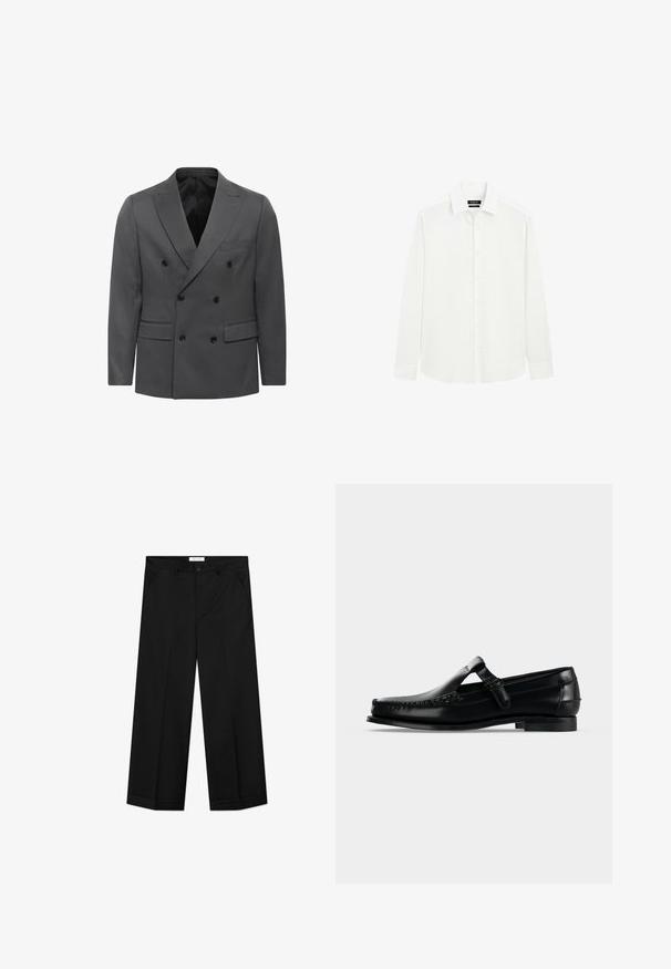 Dobbeltradet grå blazer i herringbone-mønster med krave, to frontlommer og sorte knapdetaljer. Foret inderside.; Hvid langærmet skjorte med knapper, klassisk krave og manchetter, ensfarvet design, vist mod en hvid baggrund.; Sorte bukser med vide ben lavet af et glat materiale, med forlommer, knaplåsning og en presset rille ned langs hvert ben.; Sort læder herresko med mok-tå syning og en justerbar rem over vristen, vist i profil på en lys baggrund.