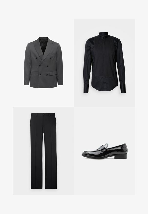 Blazer gris de corte cruzado con patrón de espiga, que cuenta con solapas de muesca, dos bolsillos frontales y detalles en botones negros. Interior forrado.; Camisa negra de manga larga con cuello mao, panel frontal con rayas verticales y textura suave. Completa con cierres de botón.; Pantalones negros a medida con corte recto, tejido suave, pliegues frontales y un cierre de botón en la cintura.; Zapato tipo mocasín para hombre de charol negro con tacón bajo, punta redondeada y detalle de correa sobre el empeine, sobre fondo blanco.
