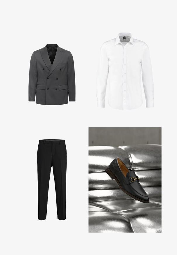 Grau gestreifter Doppelreiher-Blazer im Fischgrätenmuster, mit geknackten Revers, zwei Fronttaschen und schwarzen Knopfdetails. Fütterung im Inneren.; Weißes Langarmhemd aus glattem Stoff, mit klassischem Kragen, Knopfleiste und Manschetten mit einzelnen Knöpfen. Keine Muster oder Akzente.; Schwarze Hose aus glattem Material, mit geradem Schnitt, Gürtelschlaufen und flachem Vorderteil ohne sichtbare Muster oder Verzierungen.; Schwarzer Lederloafer mit goldenem Schnallendetail, der über einer glänzenden, metallisch silbernen, gesteppte Oberfläche schwebt.