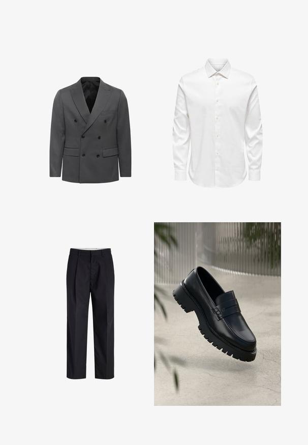 Blazer gris de corte cruzado con patrón de espiga, que cuenta con solapas de muesca, dos bolsillos frontales y detalles en botones negros. Interior forrado.; Camisa de vestir blanca para hombre de manga larga con cuello puntiagudo y fila frontal de botones blancos sobre un fondo liso.; Pantalones negros de tiro recto con cinturilla, trabillas, cremallera frontal y bolsillos laterales mostrados sobre un fondo blanco.; Mocasines de cuero negro con suela gruesa, que presentan una correa decorativa y detalles de costura. Textura suave con un acabado pulido.