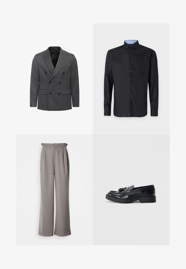 Grijs dubbel-breasted blazer in een herringbone patroon, met geknoopte revers, twee voorkeuzes en zwarte knoopaccenten. Gevoerde binnenkant.; Zwarte lange mouwen shirt van gladde stof, met een knopenfront, spitse kraag en een lichtblauwe geruite binnenkraag.; Lichtgrijze wijde broek van geweven stof. Beschikt over plooien bij de taille en riemlussen. Soepele textuur en een volledige lengte ontwerp.; Zwarte leren loafers met een glanzende afwerking, een dikke rubberen zool en een decoratieve kwastdetail aan de voorkant.