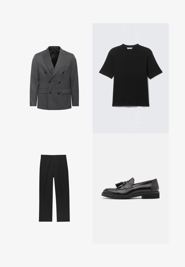 Dobbeltradet grå blazer i herringbone-mønster med krave, to frontlommer og sorte knapdetaljer. Foret inderside.; Sort kortærmet T-shirt med rund hals og "WEEKDAY" mærke på indersiden af kraven, vist fladt på en lys baggrund.; Sorte bukser med lige ben, lavet af et glat stof. Har frontfolder og en enkelt knaplukning i taljen.; Sorte læder loafers med frynse detalje, afrundet tå og en tekstureret sål. Har en glat finish og minimalistisk design.