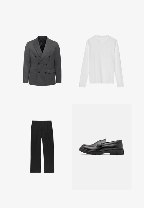 Grijs dubbel-breasted blazer in een herringbone patroon, met geknoopte revers, twee voorkeuzes en zwarte knoopaccenten. Gevoerde binnenkant.; Wit T-shirt met lange mouwen gemaakt van zacht katoen, met een ronde halslijn en een gladde textuur zonder zichtbare patronen of accenten.; Zwarte broeken met een recht model, gemaakt van een gladde stof. Voorzien van een voorplooien en een enkele knoopsluiting bij de taille.; Zwarte leren instapper met een brede band over de voet, rubberen zool met dikke noppen en een gladde textuur. Klassiek, strak ontwerp.