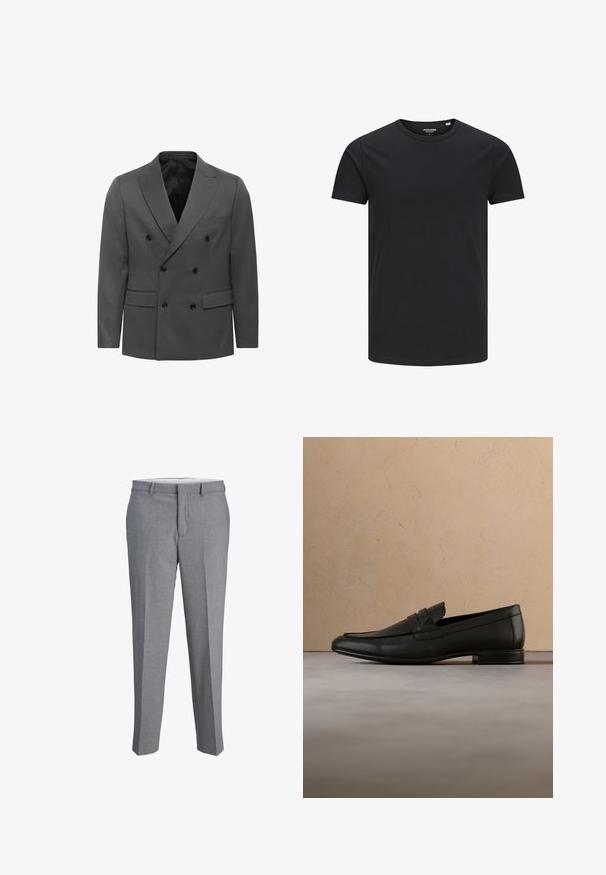 Blazer gris de corte cruzado con patrón de espiga, que cuenta con solapas de muesca, dos bolsillos frontales y detalles en botones negros. Interior forrado.; Camiseta de algodón negra con cuello redondo, mangas cortas y un diseño sencillo. Textura suave, sin patrones ni herrajes visibles.; Pantalones grises de corte entallado con una textura suave, diseño de pierna recta y frente plano. Incluye presillas para cinturón y una cremallera oculta.; Zapato mocasín de cuero negro flotando sobre una alfombra beige con un sofá beige en un ambiente interior minimalista.