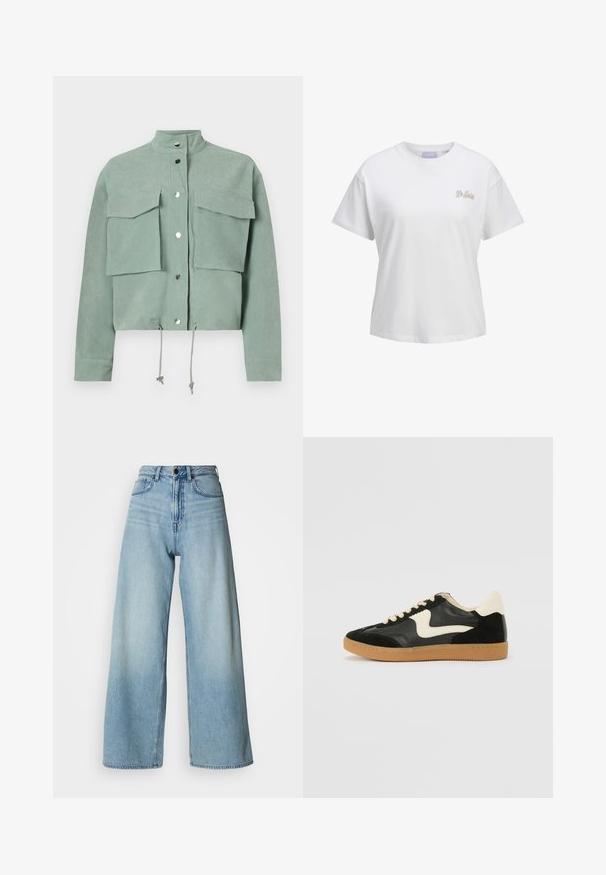 Chaqueta verde corta de manga corta con dos bolsillos frontales y botones a presión, con cordones en el dobladillo y un cuello alto.; Camiseta blanca de manga corta con cuello redondo y texto "La Siesta" en beige claro en el lado izquierdo del pecho.; Jeans de mezclilla azul claro de talle alto y pierna ancha, con diseño de cinco bolsillos y sutiles desgastes para dar textura.; Zapatillas de deporte de ante y cuero negro con un swoosh lateral en crema y un talón en crema claro. Presenta cordones beige y una suela de goma marrón.