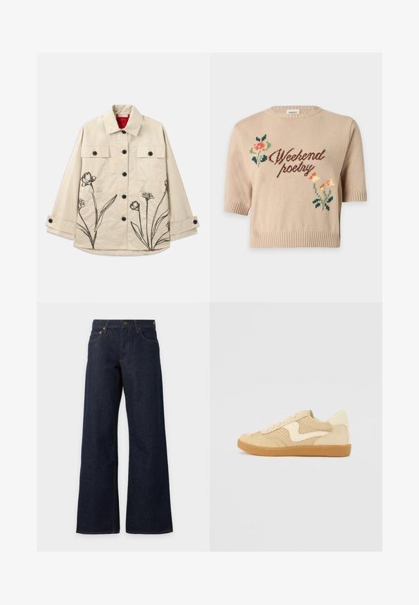 Beige katoenen jacket met zwarte bloemenborduur op de linkeronderkant. Heeft een knoopsluiting aan de voorkant en twee borstzakken.; Beige gebreide trui met korte mouwen met de tekst "Weekend poetry" en kleine kleurrijke bloemvormen aan de voorkant.; Donkerblauwe jeans met wijde pijpen, voorzakken, riemlussen, knoopsluiting en oranje stiksels op een witte achtergrond.; Beige sneaker van suede en mesh materialen, ronde vorm, opvallende gepolsterde kraag en een gumrubberen zool. Kenmerkt zich door een golvend ontwerp accent.