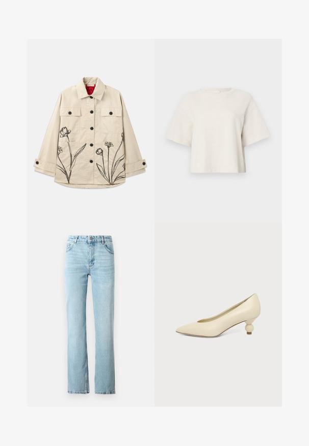Beige bomuldsjakke med sort blomsterbroderi på nederste venstre side. Har en frontlukning med knapper og to brystlommer.; Karamelfarvet cropped t-shirt lavet af ribbet stof, med rund halsudskæring og korte ærmer i en afslappet pasform.; Lyseblå denimjeans med lige pasform, fem lommer og en lille flare ved kanten. Afsluttet med kontrastsyninger.; Kremfarvet damesko med spids snude og lav hæl, hvor hælen er rund og kugleformet, på en ensfarvet baggrund.