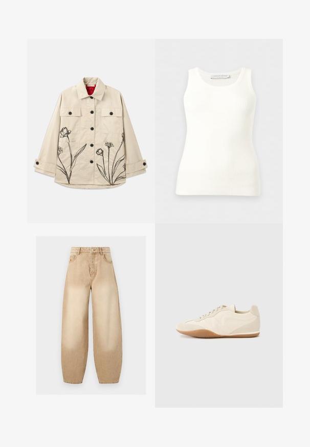 Beige bomuldsjakke med sort blomsterbroderi på nederste venstre side. Har en frontlukning med knapper og to brystlommer.; Hvid, ribstrikket, ærmeløs tanktop med rund halsudskæring, tætsiddende pasform og mærkeetiket på indersiden af bagkraven.; Beige højttaljede jeans med vidde ben, forlommer, bæltestropper, en knap og synlige sømdetaljer.; Lyse beige sneakers med en tekstureret læderoverdel, teksturerede sider og en gummisål. Har et slankt, strømlinet design og flade snørebånd.