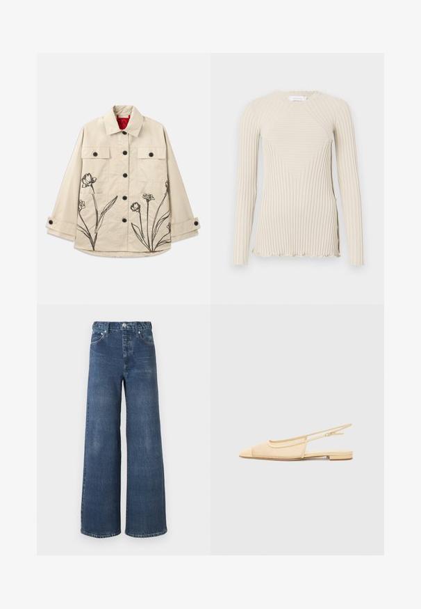 Beige Baumwolljacke mit schwarzem floralem Stickerei an der unteren linken Seite. Mit einer frontalen Knopfleiste und zwei Brusttaschen.; Rabanne Langarmshirt - ecru; Weit geschnittene Jeans aus dunkelblauem Denim mit leicht ausgewaschener Textur, ausgestattet mit Knopf- und Reißverschluss, Gürtelschlaufen und klassischem Fünf-Taschen-Design.; Slingback-Ballerina in hellbeige mit einem Netz-Obermaterial, spitz zulaufender Zehenpartie und niedrigem Absatz. Verfügt über einen verstellbaren Riemen für eine optimale Passform.