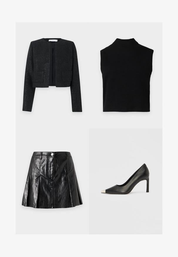 Μαύρο cropped σακάκι με υφή, μακριά μανίκια, ανοιχτό μπροστινό μέρος και δύο μπροστινές τσέπες με πάτσα.; Μαύρο χωρίς μανίκια τοπ με σχέδιο που τονίζει τη σιλουέτα, φτιαγμένο από μαλακό ύφασμα, με ριγέ λαιμό και λεία υφή.; Μαύρη φούστα από συνθετικό δέρμα με φαρδιά γραμμή, με πιέτες μπροστά, μεταλλικό κουμπί και πλαϊνές τσέπες. Λείο, γυαλιστερό ύφασμα.; Μαύρο δερμάτινο γυναικείο παπούτσι με ψηλό τακούνι, μυτερή μύτη και μεταλλική ασημί μύτη. Διαθέτει λείο φινίρισμα και λεπτό τακούνι 10 εκ.