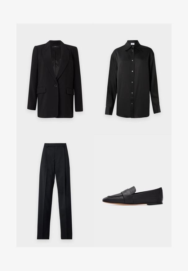 Blazer noir avec un col à pointes, fermeture à un bouton, deux poches avant et un intérieur en satin lisse. Design à coupe droite.; Chemise noire à manches longues en tissu lisse. Dispose d'un col pointu, d'une patte de boutonnage complète et de poignets à boutons.; Pantalon noir en tissu lisse avec taille haute, jambes larges, plis à l'avant et passants de ceinture classiques. Pas de poches latérales visibles.; Mocassin plat en cuir noir avec bout pointu, large bride à l'avant et semelle marron clair, présenté de profil sur fond blanc.