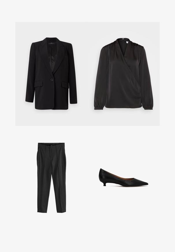 Sort blazer med klapkrave, enkelt knaplukning, to frontlommer og en glat satinindvendig. Lige snit.; Sort langærmet bluse med krydsdesign, lavet af glat stof. Har sammensnørede detaljer ved skuldrene og elastiske manchetter.; Sorte tapered bukser med en glat tekstur, der har to forreste lynlås lommer og fold i fronten for en struktureret design.; Sort læder damesko med lavt hæl og spids tå samt en slank kitten heel, vist fra siden på en hvid baggrund.