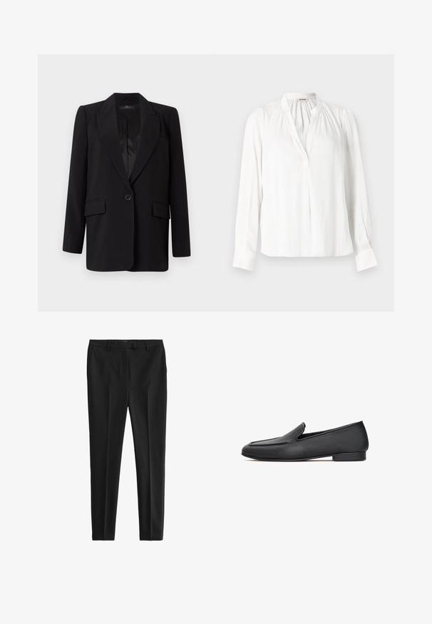 Sort blazer med klapkrave, enkelt knaplukning, to frontlommer og en glat satinindvendig. Lige snit.; Hvid langærmet bluse med opretstående krave, samlet plissering nær halsudskæringen og skjult knappelukning foran.; Sorte bukser lavet af glat stof, med skræddersyet pasform, frontfolder og bæltestropper, samt sidelommer og baglommer.; Sorte læder loafers med en tekstureret finish, der har en rund tå og lav hæl. Designet inkluderer en syet overdel.