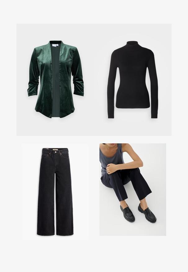 Velvet groene jas met een sjawl kraag, open voorkant en driekwart mouwen. De stof heeft een zachte, gladde textuur en een subtiele glans.; Zwarte coltrui gemaakt van lichte brei stof. Heeft lange mouwen, een aansluitend design en een zachte ribbeltextuur.; Zwarte brede jeans gemaakt van denim, met vijf zakken, koperen klinknagels en een klassieke knoopsluiting. Glad van textuur met een strakke uitstraling.; Zwarte leren loafers met textuurelementen, lage hak, ronde neus en zichtbare stiksels. Model draagt donkere broek en een grijze top.