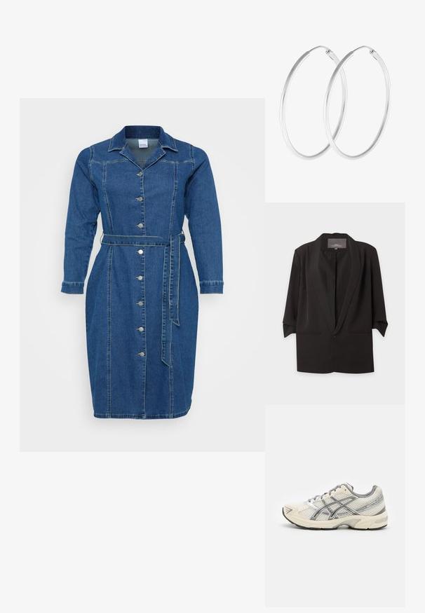 Schwarzer, offen getragener Blazer mit Spatenrevers, dreiviertel Ärmel und zwei vorderen Einschubtaschen, vor weißem Hintergrund dargestellt.; Denimkleid mit langen Ärmeln, durchgehender Knopfleiste, Taillengürtel und Kragen. Dunkelblaue Farbe mit helleren Nähten.; Laufschuhe mit einem atmungsaktiven weißen Mesh-Obermaterial, silbernen Akzenten, grauen Schnürsenkeln und einer langlebigen schwarzen Gummisohle. Leichtes, gepolstertes Design.; Silberfarbene Creolen mit einer glatten, runden Form und einer polierten Oberfläche. Beide Ohrringe haben die gleiche Größe und verfügen über einen sicheren Verschlussmechanismus.