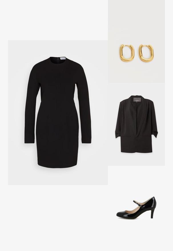 Schwarzer, offen getragener Blazer mit Spatenrevers, dreiviertel Ärmel und zwei vorderen Einschubtaschen, vor weißem Hintergrund dargestellt.; Calvin Klein Freizeitkleid - black; Schwarzer lackierter Mary Jane Schuh mit runder Zehe, verstellbarem Schnallenriemen und einem dezenten Absatz. Glatte Textur mit glänzendem Finish.; Paar kleiner, dicker goldener ovale Creolen mit glatter, polierter Oberfläche auf einfachem hellem Hintergrund.