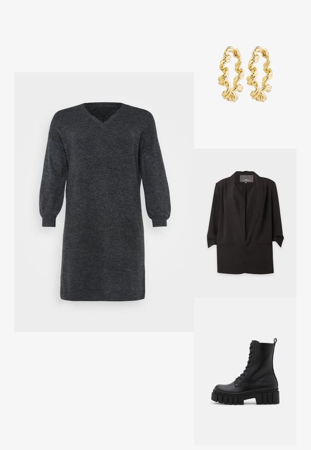 Sort åben blazer med hak-kraver, trekvartlange ærmer og to forlommer med slidser, vist mod en hvid baggrund.; Mørkegrå strikket sweaterkjole med V-hals og lange pufærmer, afsluttet med ribbede manchetter og kant. Teksturdetalje i stoffet.; Sort læderankelstøvle med kraftig, rillede sål, snørebånd foran og løftestrop på glat hvid baggrund.; Guldtonede snoede hoop øreringe med et spiral design og en poleret overflade. Beslagene har en sikker lås.