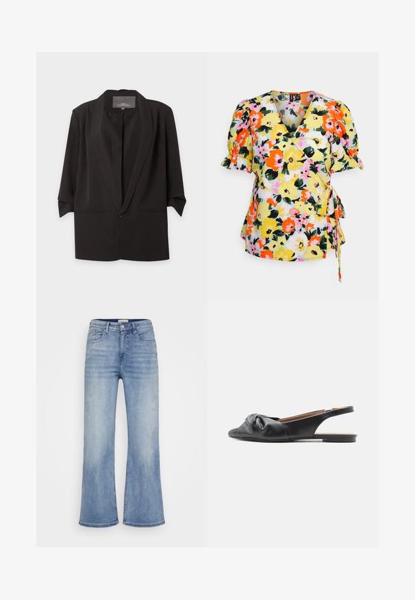 Must avatud esikinnisega bleiser nothlapideni, kolmveerandvarrukate ja kahe esilõhikuga taskuga, valgel taustal.; Vero Moda Petite VMCARY OLIVIA WRAP - Pluus - limpet shell/cary; ONLY Carmakoma CAREMMY WIDE - Avar lõikega teksad - light blue denim; Mustast nahast platvormita paeltega king, mille peal on sõlmes detail varvaste peal ja madal konts, näidatud vasakule küljele.