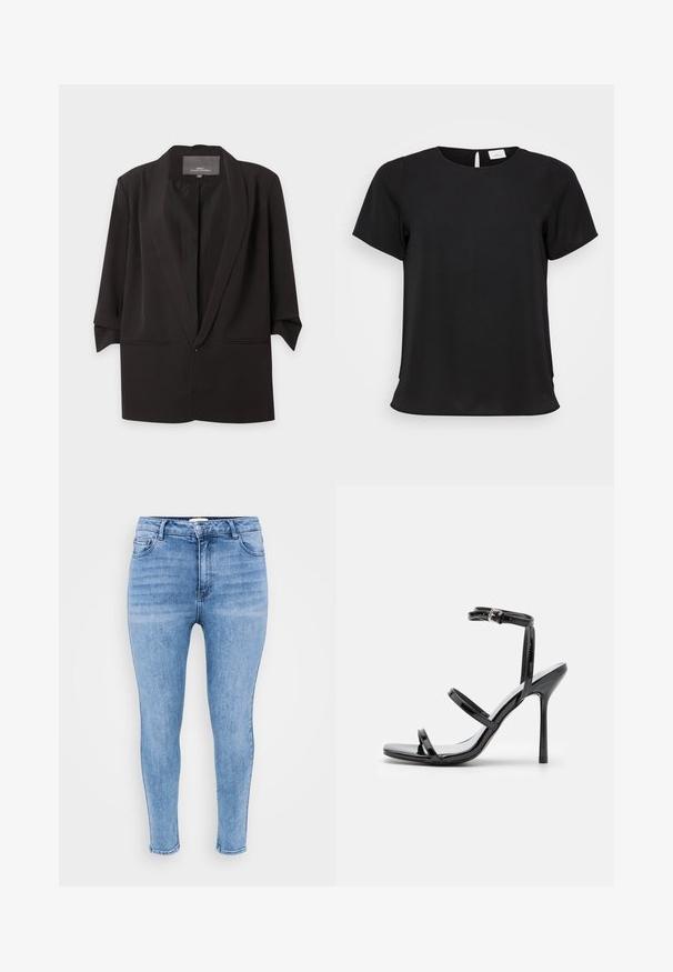 Sort åben blazer med hak-kraver, trekvartlange ærmer og to forlommer med slidser, vist mod en hvid baggrund.; Sort kortærmet top med rund halsudskæring, lavet af glat stof, der har en let drapering og en diskret slids detalje bagpå.; Lysblå skinny jeans lavet af denim, med høj talje, fem-lomme design og let falmning langs lårene.; Sorte patentlæder højhælede sandaler med tre horisontale stropper og en justerbar ankelstrop. Elegant silhuet og skinnende finish.