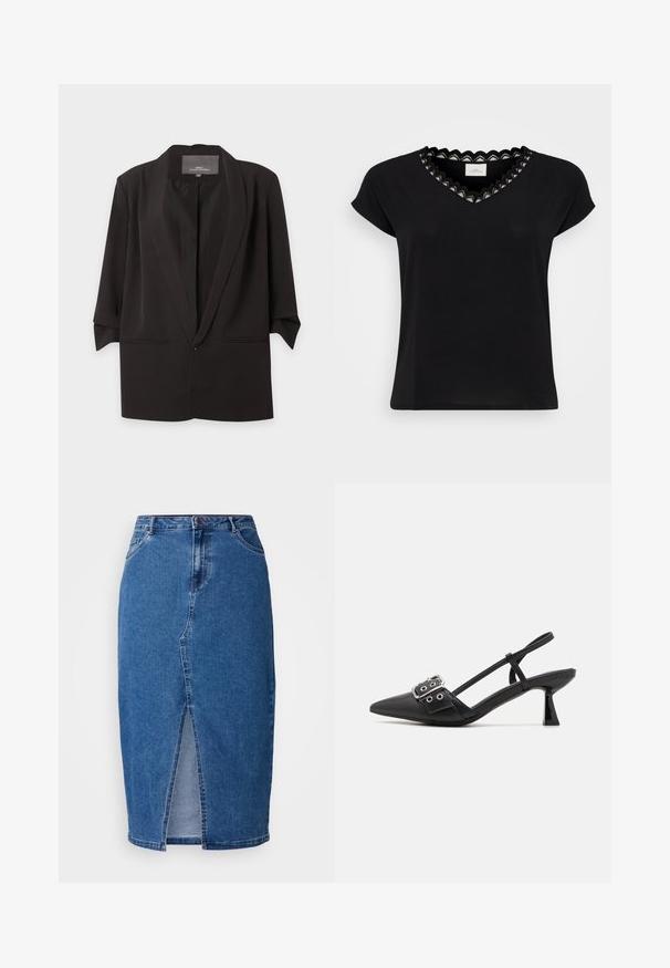 Schwarzer, offen getragener Blazer mit Spatenrevers, dreiviertel Ärmel und zwei vorderen Einschubtaschen, vor weißem Hintergrund dargestellt.; Schwarzes T-Shirt mit kurzen Ärmeln, V-Ausschnitt, und einem gewellten Spitzenbesatz in Weiß und Schwarz. Weicher Stoff, lockere Passform, minimalistisches Design.; Jeansrock in Mittelblau mit einem Schlitz vorne, hoher Taille, fünf Taschen und Gürtelschlaufen. Der Stoff hat eine strukturierte Oberfläche.; Simmi London DALA - Pumps - black