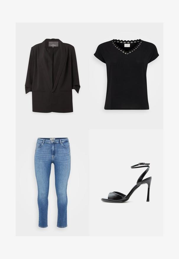 Sort åben blazer med hak-kraver, trekvartlange ærmer og to forlommer med slidser, vist mod en hvid baggrund.; Sort T-shirt med kapærmer, V-hals, med en bølget blondekant i hvid og sort. Blødt stof, afslappet pasform, minimalistisk design.; Lyseblå denimjeans med slim fit, der har et standard fem-lomme design og synlige syninger. Ingen udsmykninger eller mønstre.; Sort højhælet sandal med åben tå, tynd stilethæl og ankelrem med spænde på hvid baggrund.