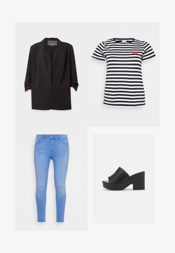 Sort åben blazer med hak-kraver, trekvartlange ærmer og to forlommer med slidser, vist mod en hvid baggrund.; Sort og hvid stribet t-shirt med rund hals og korte ærmer, med en lille rød hjertebrodering på venstre bryst.; Lyseblå skinny jeans lavet af denim, med et klassisk fem-lomme design, frontknaplukning og ingen synlig slid eller mønstre.; Sorte læder open-toe mules har et bredt forreste strop og en chunky, høj platformhæl med en glat tekstur. Vist fra siden.